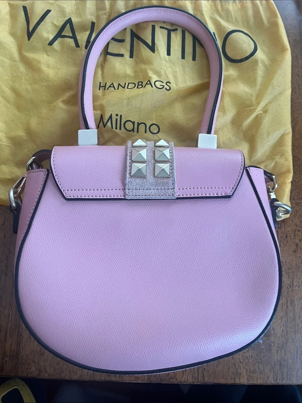 NWT Valentino Leather Saddle Bag in Rose Quartz Top Handle with Gold Studs